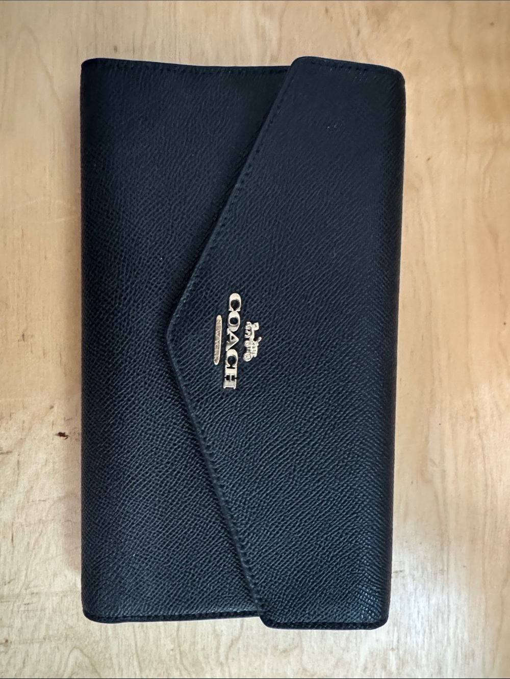 Coach Black Pebble Leather Envelope Wallet with Gold Logo